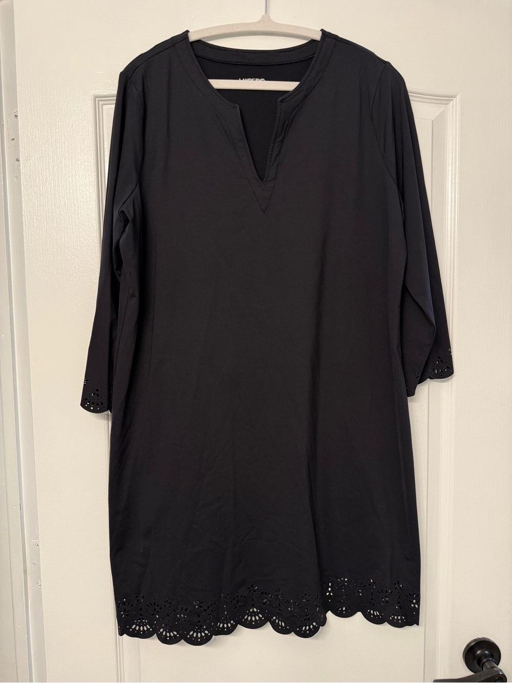 Lands’ End Black Eyelet Tunic Cover-Up Dress Size L 14–16